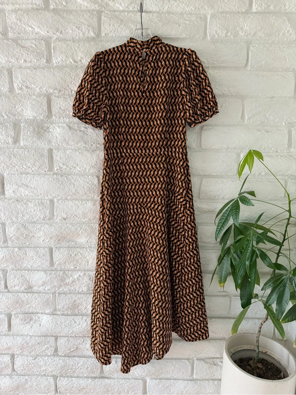 Who What Wear Geometric Patterned Puff-Sleeve Midi Dress D-37